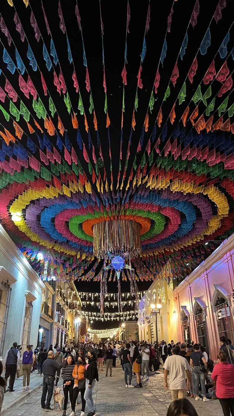 Festival decorations, Oaxaca street at night